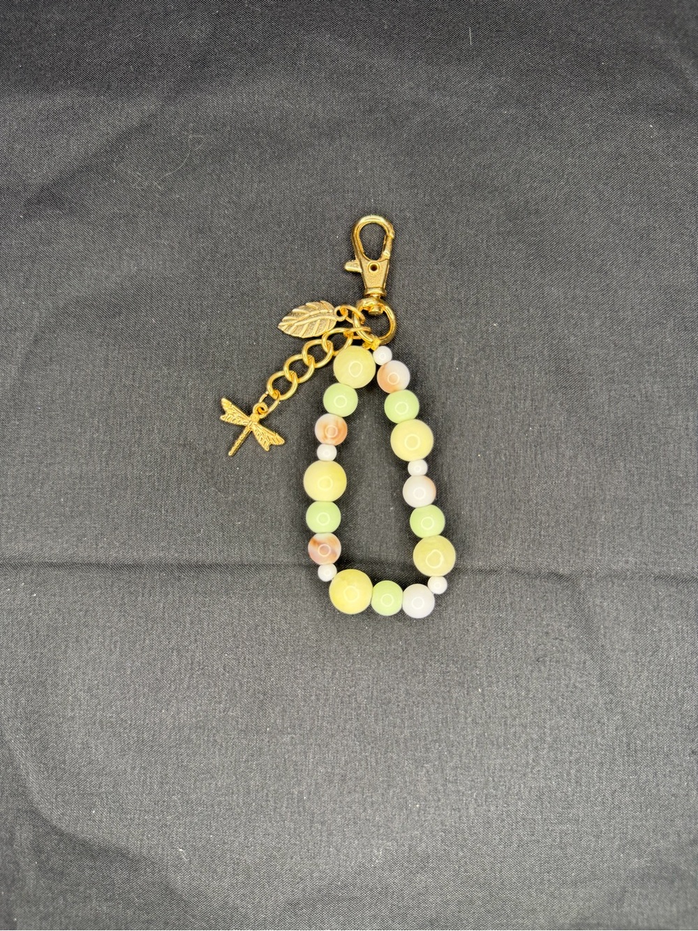 Beaded Keychain Charm with Gold Dragonfly and Leaf - Yellow, Green, Peach, White